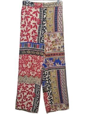 Zara Wide Leg Patchwork Pant Scarf Inspired Print Medium Women's Boho